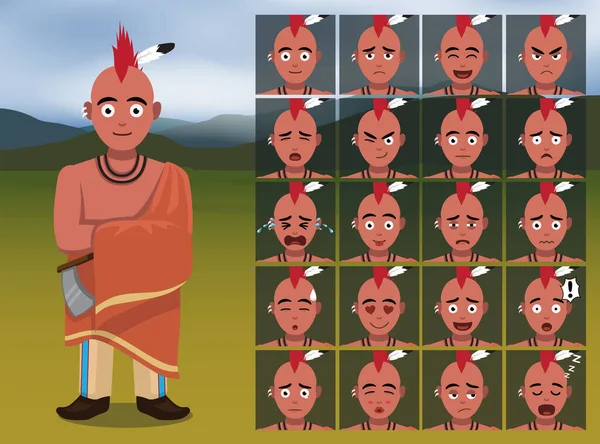 Native American Kansa Warrior Cartoon Emotion Menghadapi Vector Illustration - Stok Vektor