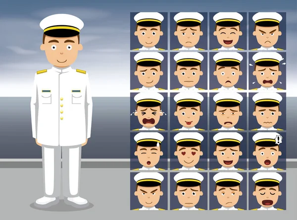 Servicio Naval Vestido Blanco Dibujos Animados Emoción Caras Vector Ilustración — Vector de stock