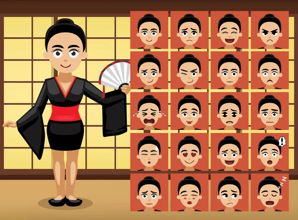 Geisha Japonesa Dibujos Animados Emoción Caras Vector Ilustración — Vector de stock