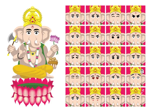 Dios Hindú Ganesha Dibujos Animados Emoción Caras Vector Ilustración — Vector de stock