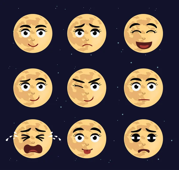 Olika Månansikte Cartoon Emoticon — Stock vektor