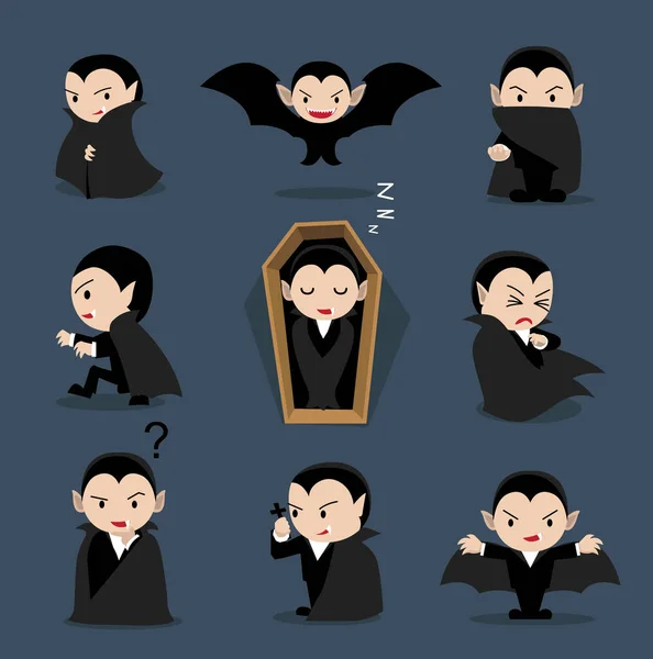 Halloween Character Big Head Poses Dracula — Stock Vector