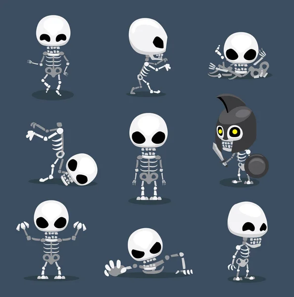 Caractère Halloween Big Head Poses Squelette — Image vectorielle