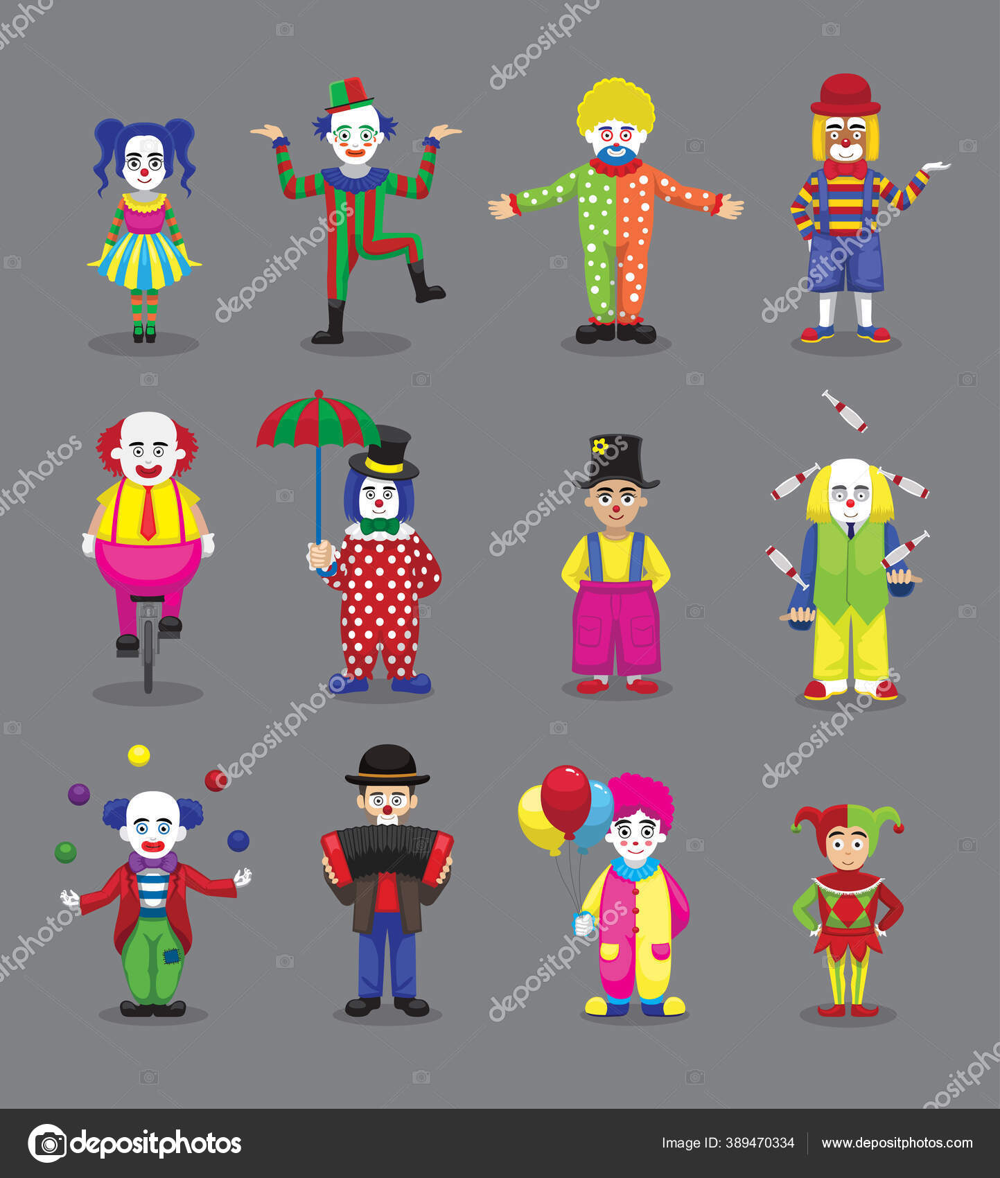 クラウンジョーカーハーレクインジェスターサーカスかわいい漫画のキャラクター ストックベクター ©Punnawich 389470334, image size:1443x1700