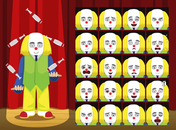 Clown Giallo Capelli Giocoleria Costume Cartone Animato Emozione Volti Vettoriale — Vettoriale Stock