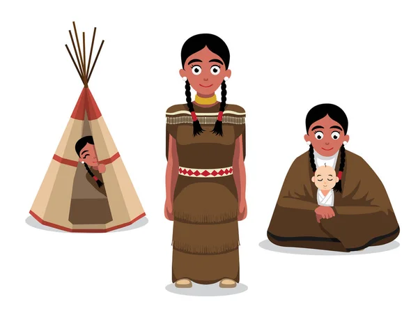 Native American Woman Poses Cartoon Vector Illustration — Stockový vektor