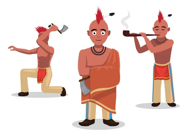 Indiaanse Bijl Krijger Poseert Cartoon Vector Illustratie — Stockvector