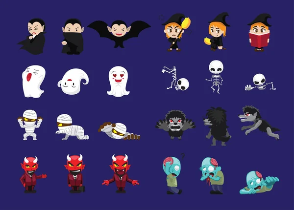 Personagem Halloween Três Poses Cartoon Vector Ilustração —  Vetores de Stock