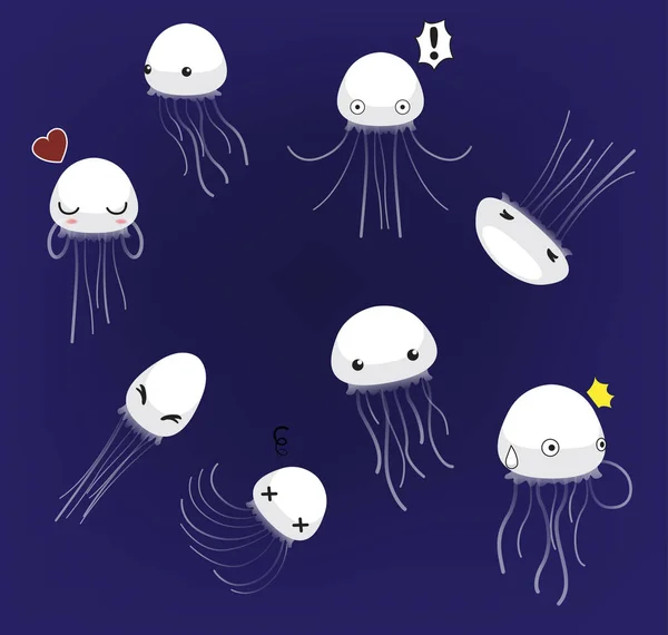 Cute Jellyfish Eight Emotions Cartoon Vector Illustration — Stock Vector