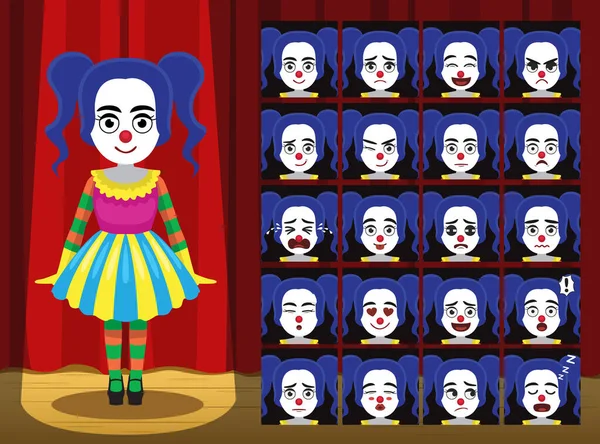 Clown Arlecchino Ragazza Costume Cartone Animato Emozione Affronta Vettoriale Illustrazione — Vettoriale Stock