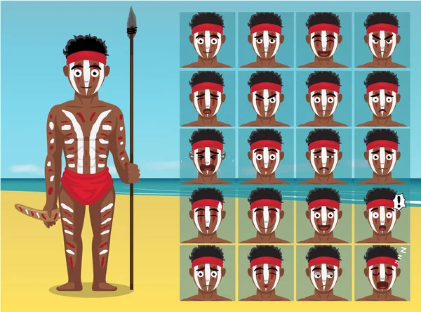 Aboriginal Young Man Beach Cartoon Emotion Čelí Vektorové Ilustrace — Stockový vektor