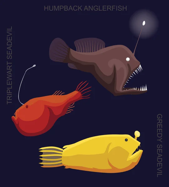 Deep Sea Fish Anglerfish Set Cartoon Vector Illustration — Stockový vektor