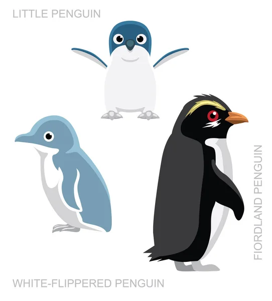 Fågel Vit Flippered Penguin Set Tecknad Vektor Illustration — Stock vektor