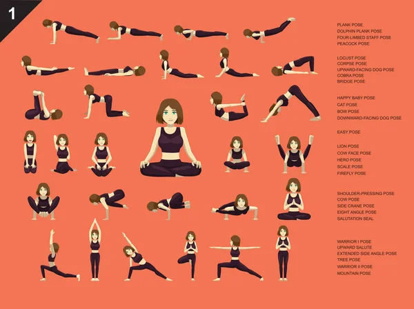 Manga Yoga Woman Easy Poses Set Cartoon Vector Illustration — 스톡 벡터