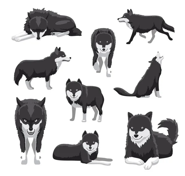 Ilustração Vetor Dos Desenhos Animados Lobo Preto Branco —  Vetores de Stock