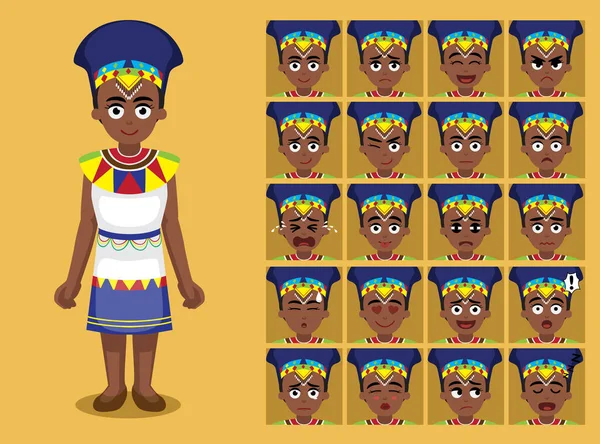 Africano Tribo Roupas Feminino Zulu Cartoon Emoticon Faces Vector Ilustração — Vetor de Stock