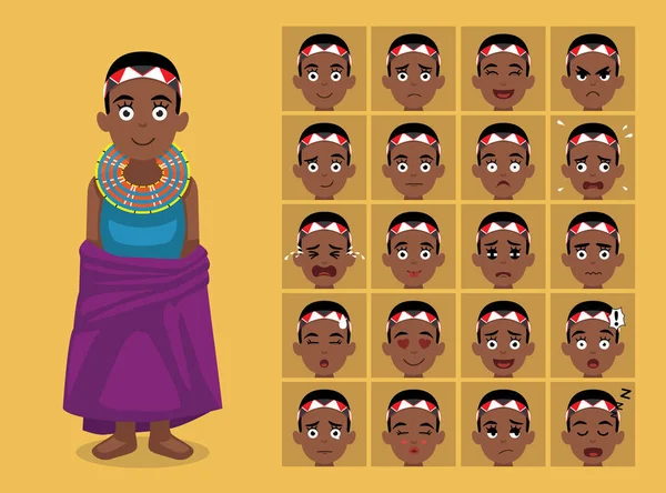 Baju Suku Afrika Wanita Kartun Maasai Emoticon Wajah Vektor Ilustrasi - Stok Vektor