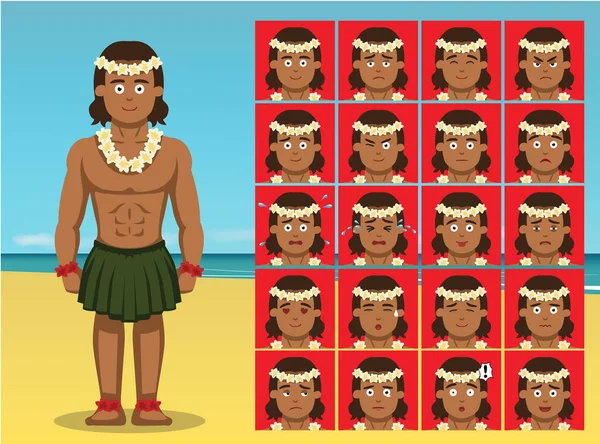 Hawaiian Traditional Dance Costume Man Cartoon Emotion Menghadapi Vector Illustration - Stok Vektor