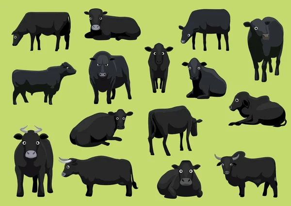 Varias Vacas Negras Toro Dibujos Animados Vector Ilustración — Vector de stock