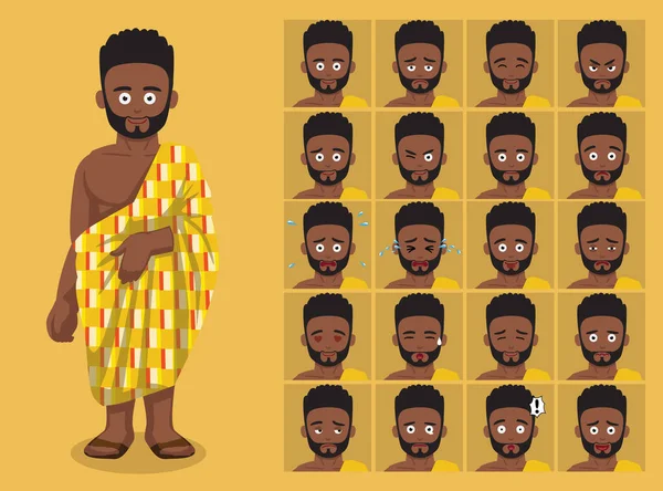 Africano Tribo Roupas Tradicional Masculino Ashanti Cartoon Emoticon Faces Vector — Vetor de Stock