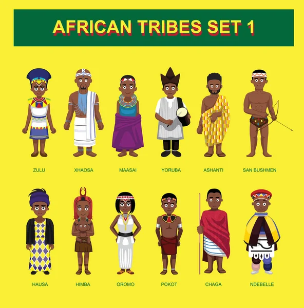 Tribos Africanas Personagens Bonitos Desenhos Animados Set Ilustração Vetorial — Vetor de Stock