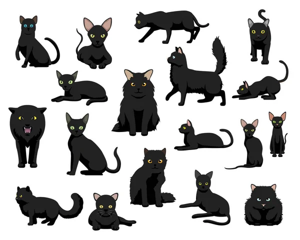 Bonito Vários Gato Preto Desenho Animado Vetor Ilustração — Vetor de Stock