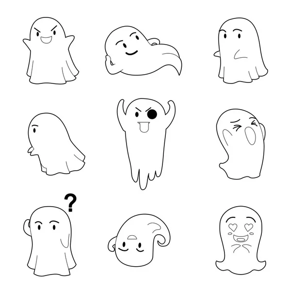 Halloween Karaktär Big Head Poses Little Ghost Målarbok — Stock vektor