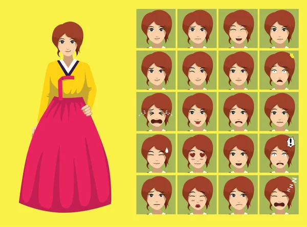 Manga Style Woman Korean Han Bok Costume Cartoon Character Emotions - Stok Vektor