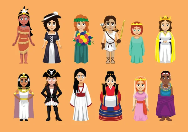 Lindo Varios Princesa Personaje Dibujos Animados Traje Chica Dibujos Animados — Vector de stock