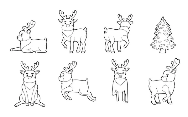 Christmas Character Black White Coloring Reindeer Various Poses Cartoon — Stock Vector