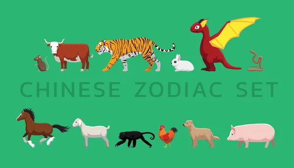 Chinese Zodiac Cute Animals Cartoon Set Illustration — Stock Vector