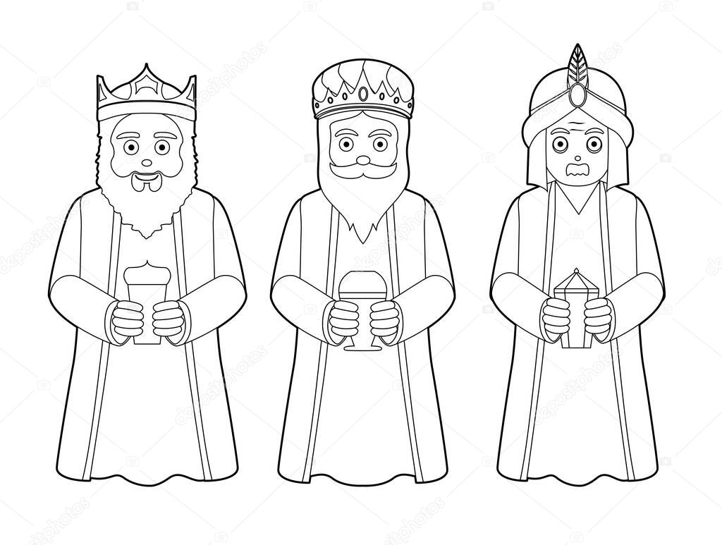 Three Wise Men Black and White Cartoon Characters Illustration