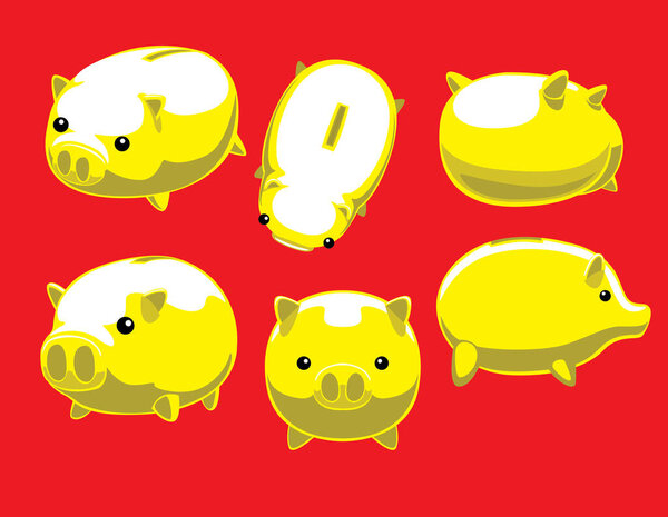 Cute Yellow Pig Six Poses Cartoon Vector Illustration
