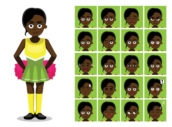 Cheerleaderka Black Girl Emocje Postaci Kreskówek Twarze Wektor Ilustracja — Wektor stockowy