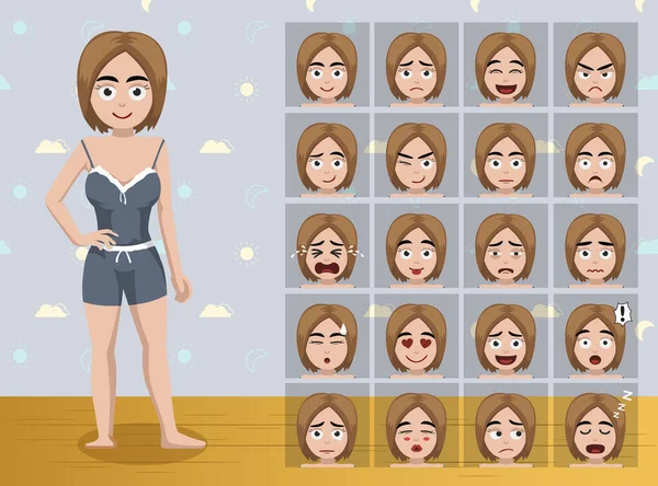 Pajama Sleepwearing Woman Cartoon Emotion Faces Vector Illustration — 스톡 벡터