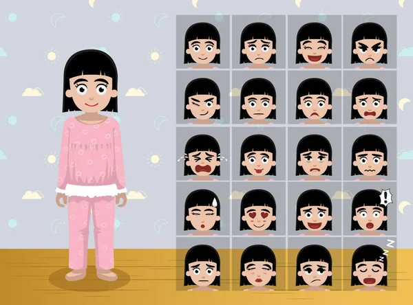 Pijama Sleepwear Girl Cartoon Emoción Caras Vector Ilustración — Vector de stock