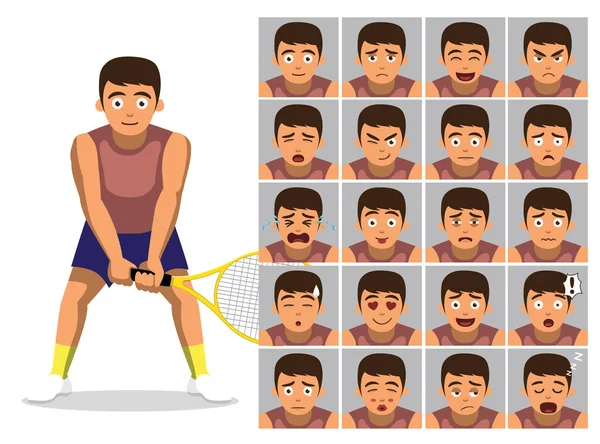 Hombre Tenis Jugador Dibujos Animados Emoción Caras Vector Ilustración — Archivo Imágenes Vectoriales