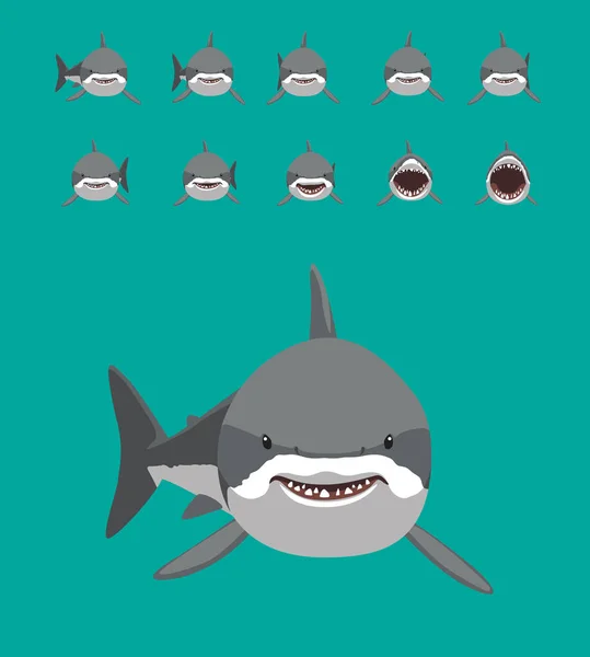 White Shark Swimming Motion Sequence Cartoon Vector Illustration — Stock Vector