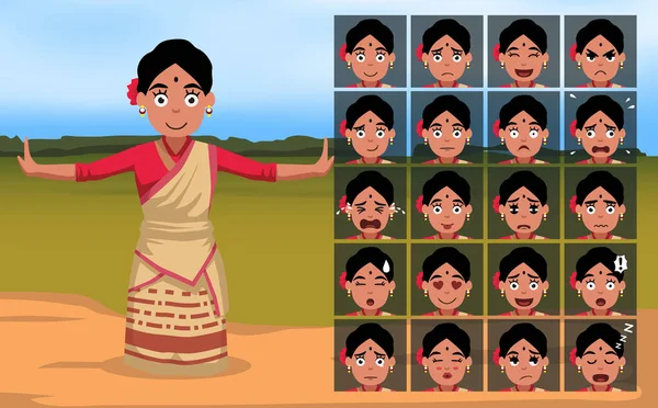 Bihu Indian Woman Cartoon Emotion Faces Vector Illustration — 图库矢量图片