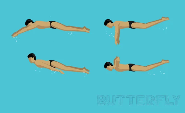 Yüzme Biçimi Kelebek Hareket Dizisi Erkek Canlandırma Seti — Stok Vektör