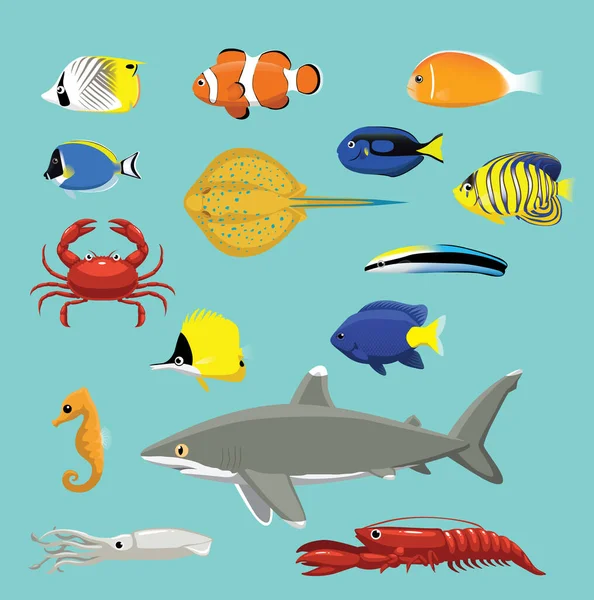 Niedliche Verschiedene Sea Reef Kreatur Fische Hai Ray Cartoon Vector — Stockvektor