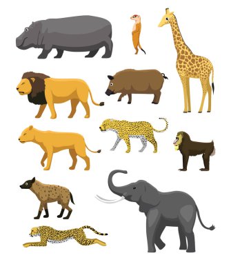 Afrika Savanası Sevimli Çizgi Film Hayvan Set Vektörü