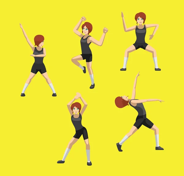 Manga Stil Rote Haare Frau Cartoon Zumba Dance Posen Set — Stockvektor