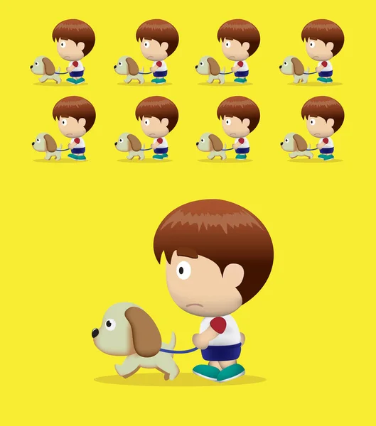 Big Head Boy Emmenez Chien Pour Une Promenade Cartoon Animation — Image vectorielle