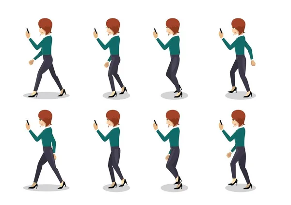 Manga Woman Smartphone Walking Sequence Animation Vector — 스톡 벡터