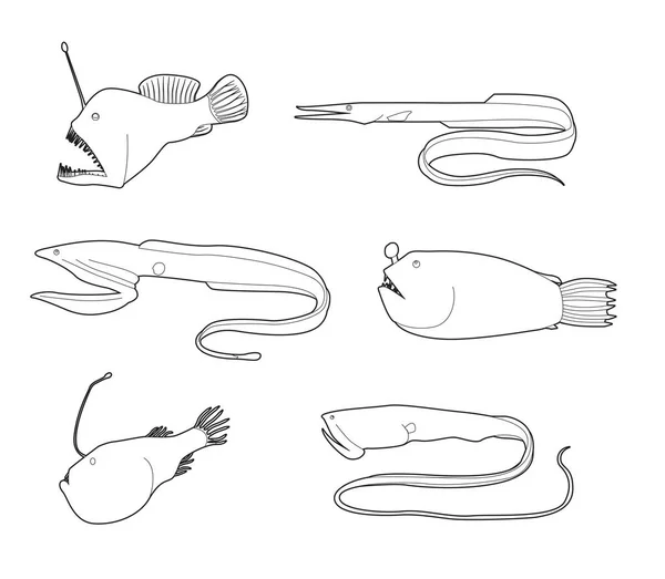 Různé Deep Sea Fish Cartoon Vector Omalovánky — Stockový vektor