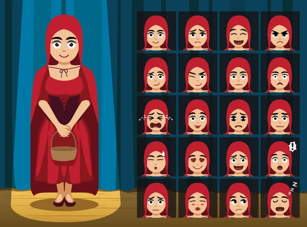 Cappuccetto Rosso Ragazza Costume Cartone Animato Emozione Facce — Vettoriale Stock