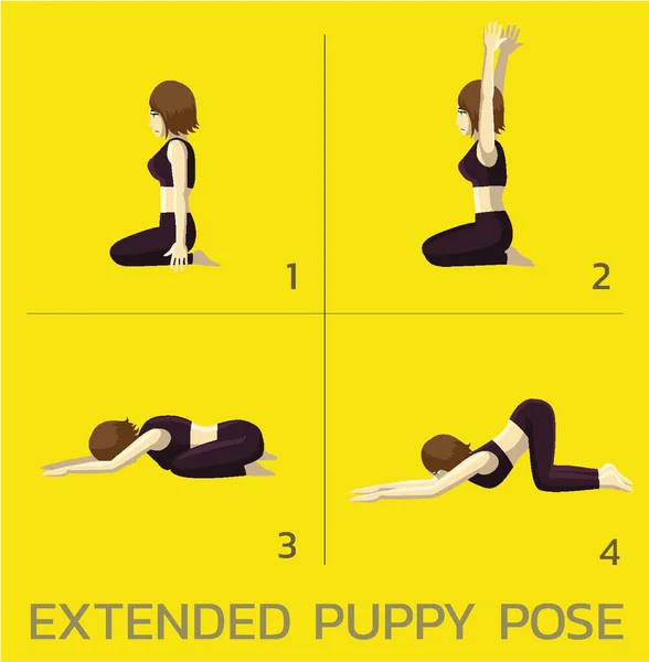 Extended Puppy Pose Yoga Manga Tutorial How Cartoon Vector Illustration — 스톡 벡터