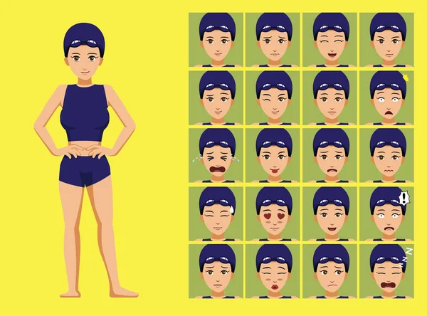 Manga Style Swimmer Woman Cartoon Character Emotions — Stock Vector