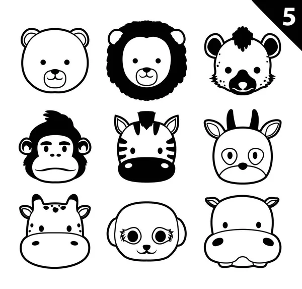 Ensemble Vecteur Bande Dessinée Icône Monochrome Visages Animaux Plats Safari — Image vectorielle